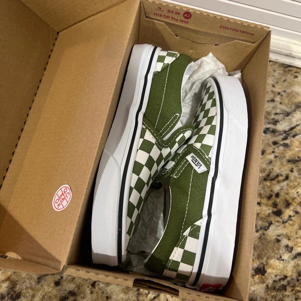 Vans Green and Cream Checkerboard Slip-Ons